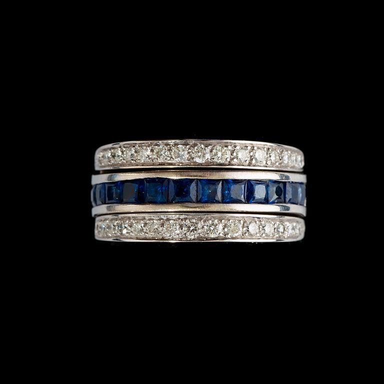 RING, platina med briljant- och prinsesslipade diamanter, totalt ca 1.00 ct, samt carréslipade safirer.