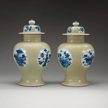A set of two celadon glazed and blue and white jars, Qing dynasty, 18th Century.
