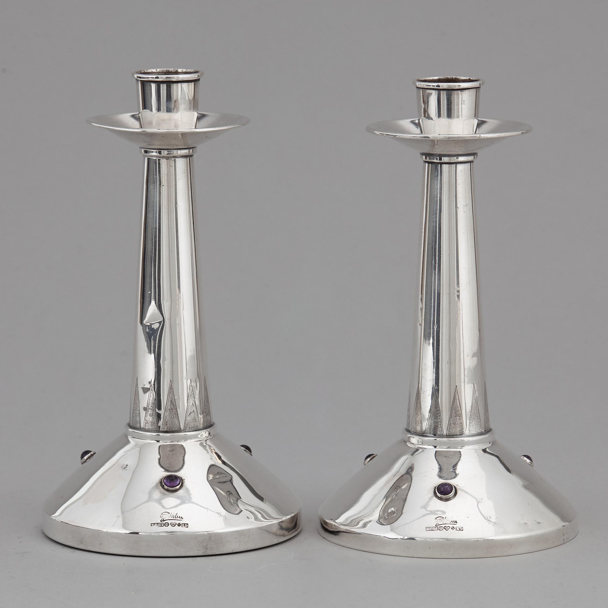 TAGE GÖTHLIN, a apir of silver and amethyst candlesticks, Tesi, Gothenburg 1960-61.