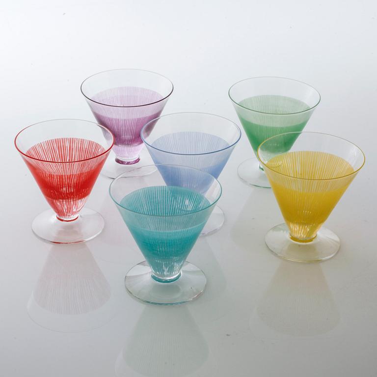 BENGT ORUP, 6 st, cocktailglas, "Stripe", Johansfors, 1950-tal.