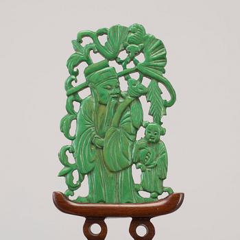 Three Chinese 20th century sculptures on stand, wood and agathe.