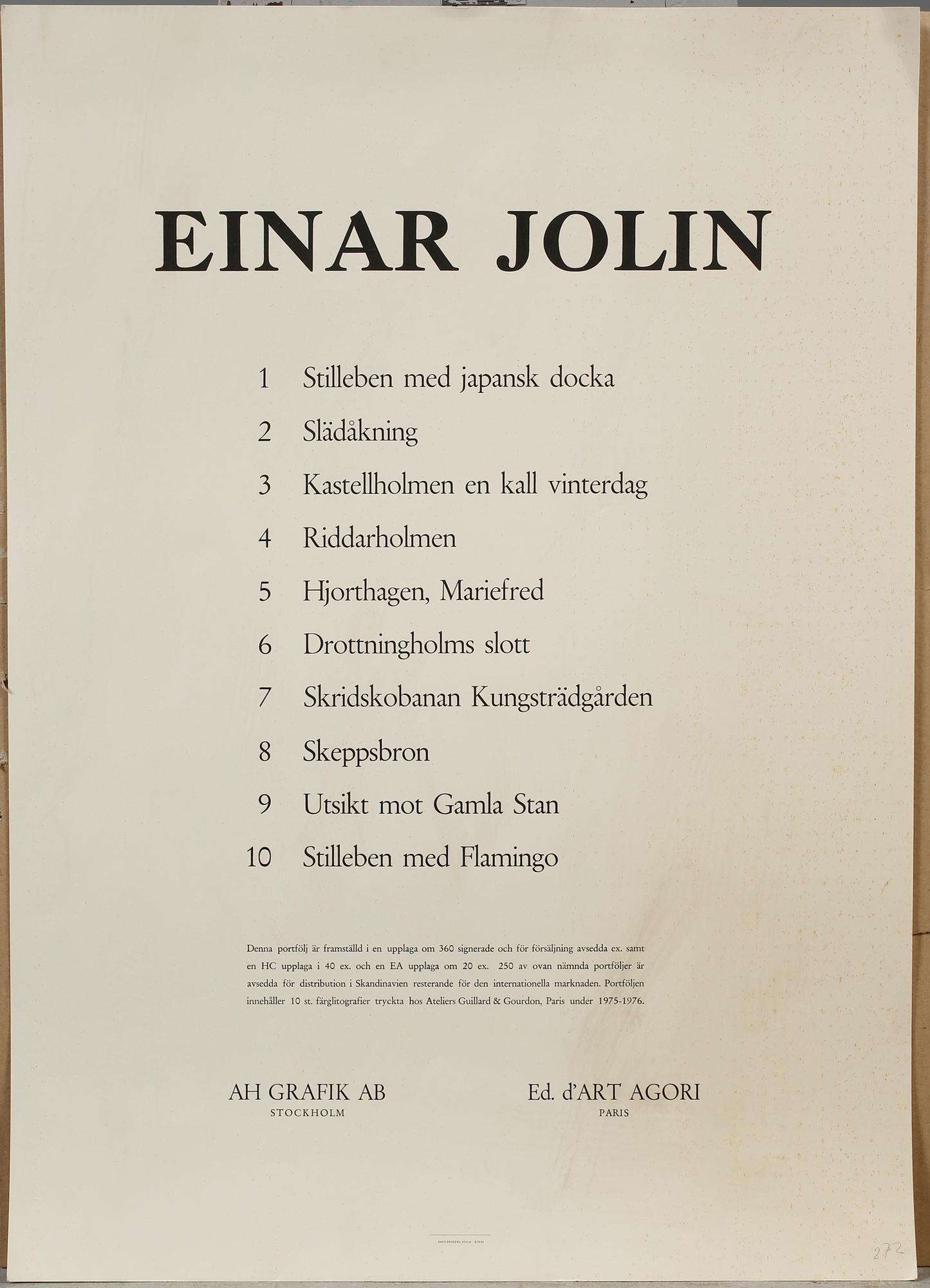 EINAR JOLIN, 10 st, litografier ur mapp AH Grafik AB Stockholm, signerade och numrerade 272/360.