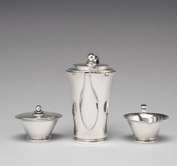 Harald Nielsen, a "Pyramid" sterling three pieces coffee service, Georg Jensen, Copenhagen 1933-44, designnr 600A,