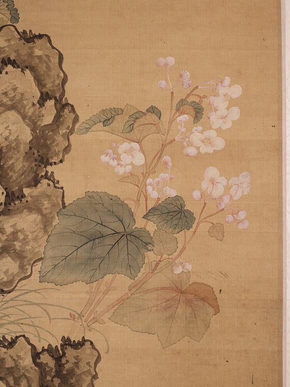 Rullmålning, akvarell och tusch på siden, lagd på pannå. Signerad Yun Yuancheng, möjligen 1700-tal.