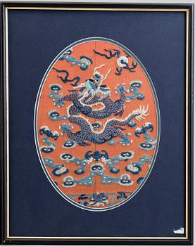 Two silk embroidered pieces, framed, late Qing dynasty.