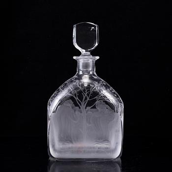 EDWARD HALD, an engraved bottle with stopper Orrefors, Sweden, model 1230.