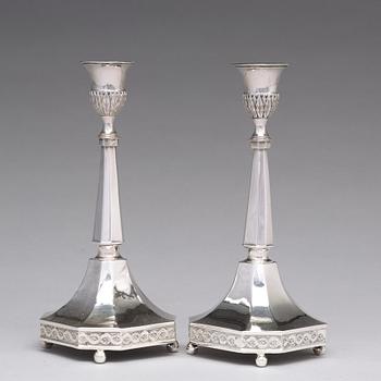 A pair of Swedish 18th century silver candlesticks, mark of Johan F Wildt, Stockholm 1797.