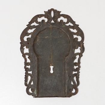 A Swedish baroque polychrome painted wrought-iron key mount, early 18th century.