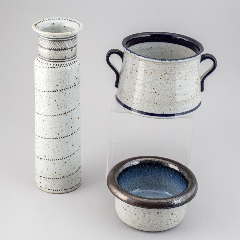 JACKIE LYND, a stoneware vase and two pots, Rörstrand, Sweden.