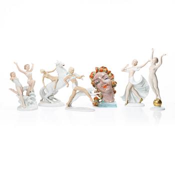 Figuriner, 6 st, porslin, bland annat Schaubach Kunst, 1900-tal.