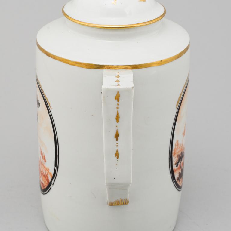 A large enamelled porcelain coffee pot with cover, probably Germany, Empire, 19th century.