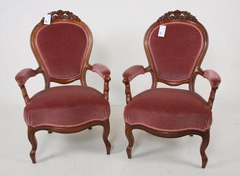 KARMSTOLAR, ett par, nyrokoko, 1800-talets andra hälft. Prov. konstnären Axel Kleimers bostad, Malmö.