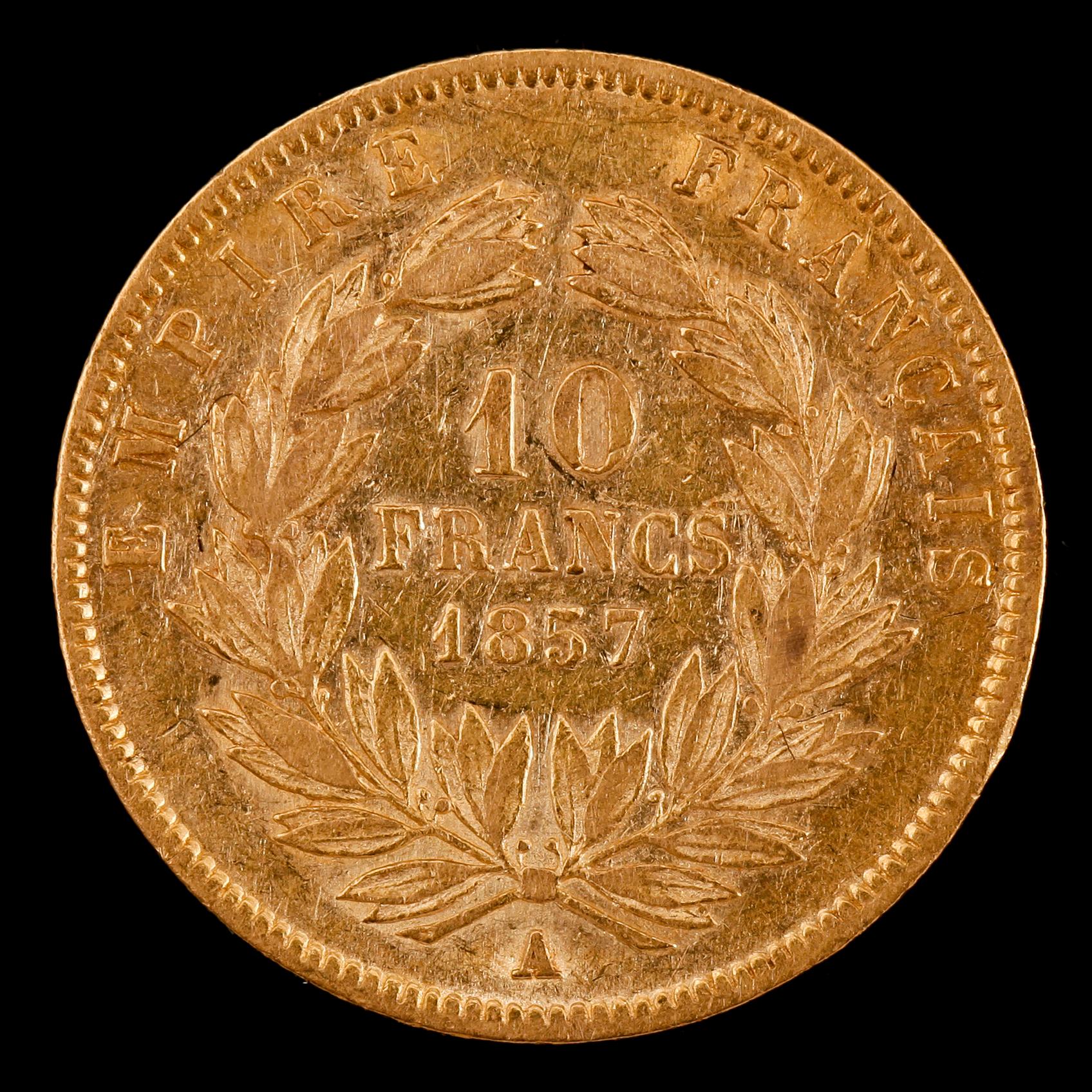 GULDMYNT, 10 fr, Napoleon III, Frankrike, 1857. Vikt ca 3 g.