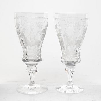 Vicke Lindstrand, eleven "Dalecarlia" wine glasses, Kosta, Sweden.