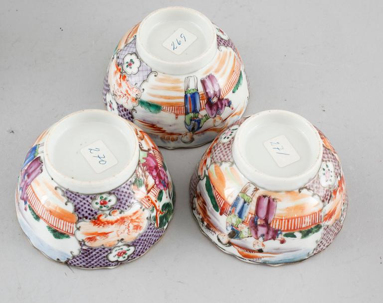 Three polychrome cups with barrels, three cups, one bowl with lid and one plate, Qing dynasty, 18/19th century.