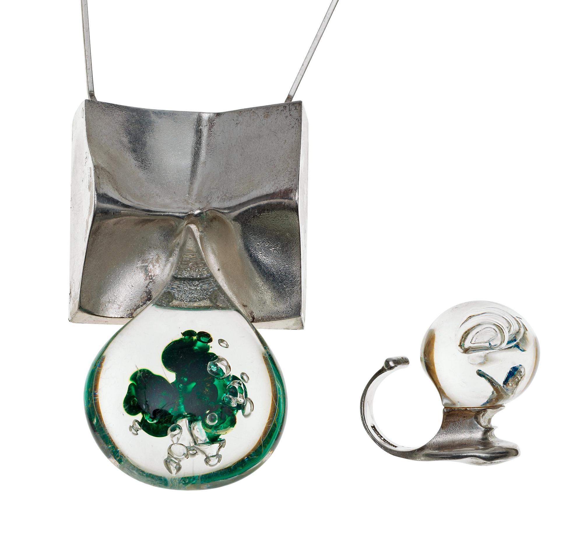 A Björn Weckström 'Space Silver' acrylic and sterling necklace and a ring, Lapponia, Finland 1973 and 1972,