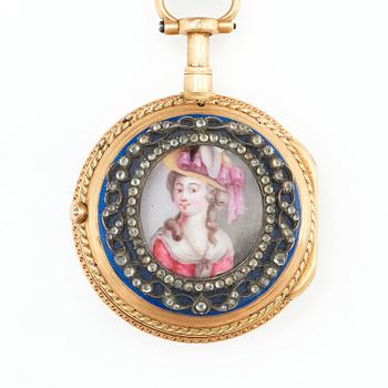 Chatelaine and pocket watch, 18K gold, enamel and paste, Paris after 1838, in Louis XVI-style.