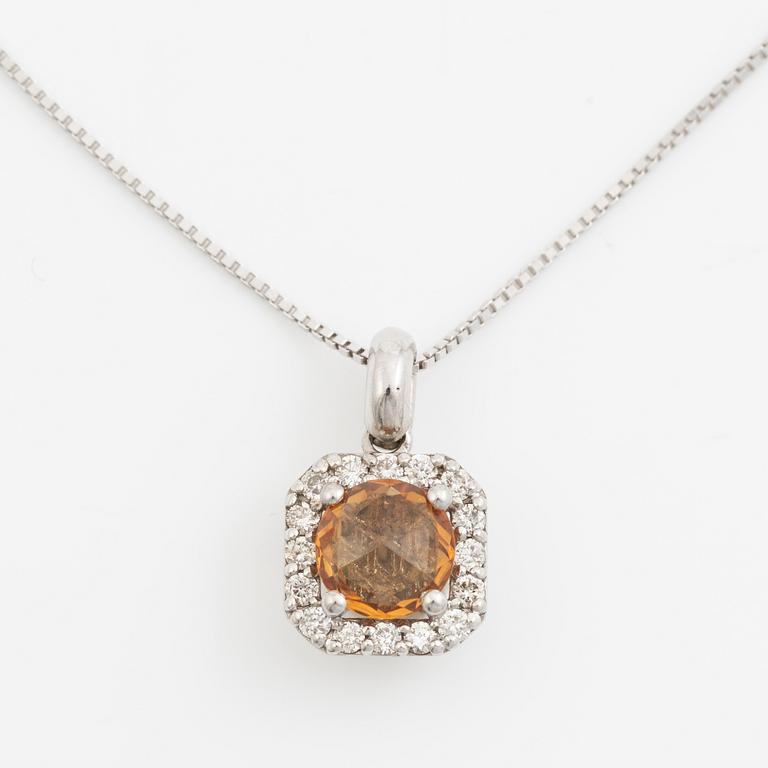 Necklace with orange-brown rose-cut sapphire and brilliant-cut diamonds.
