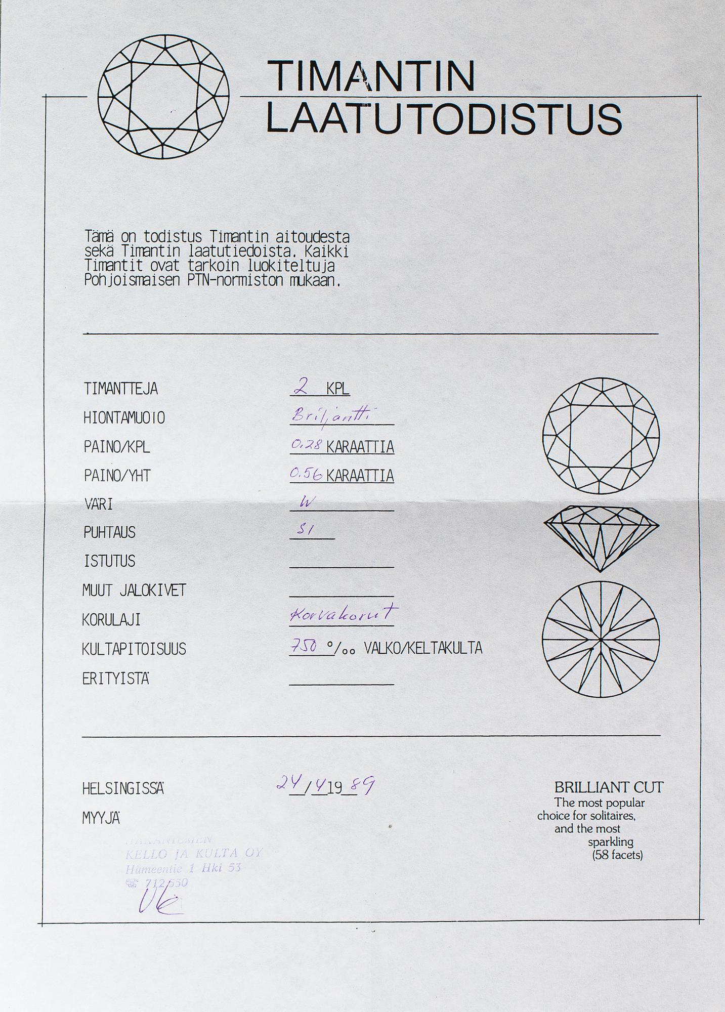 Örhängen, 18K guld, diamanter ca. 0.56 ct tot enligt certifikat.