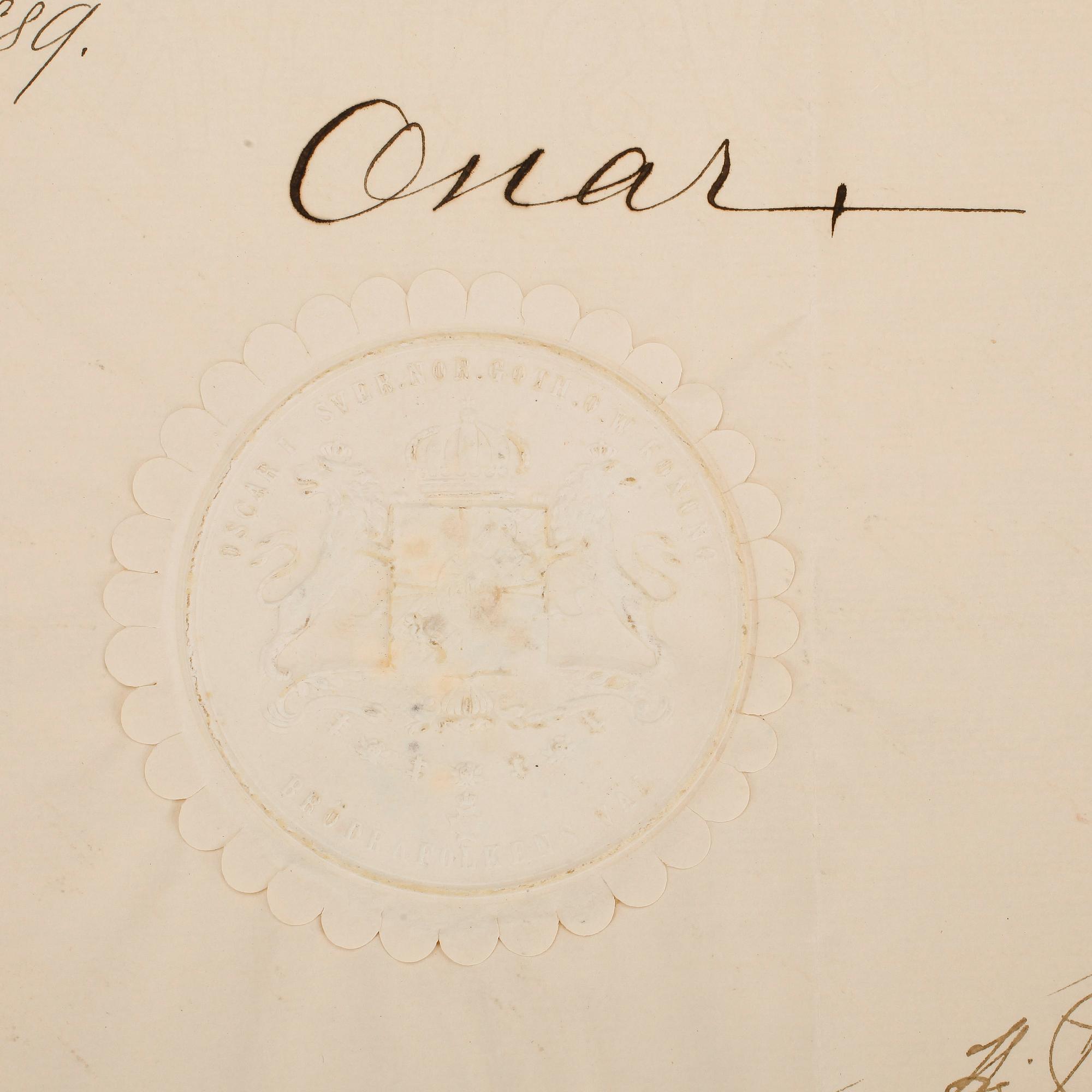 KARL XV SAMT OSCAR II, 2 dokument med egenhändiga namnteckningar, dat Stockholms slott 1864 resp Marstrand 1889.