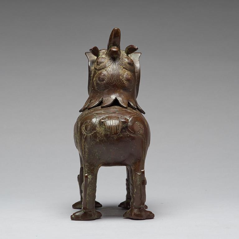 A bronze censer in the shape of a mythical beast, Qing dynasty (1664-1912).