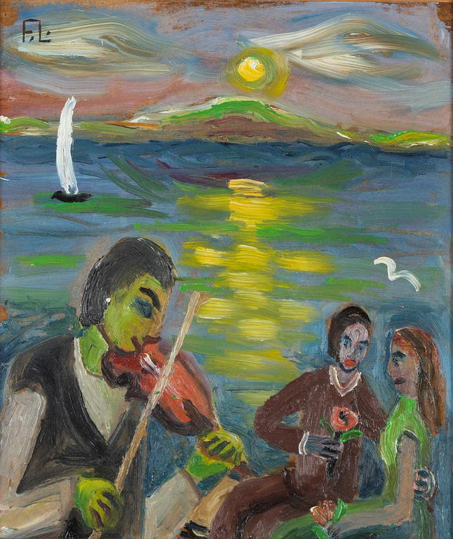 Frans Larsson, olja på pannå, signerad F.L.