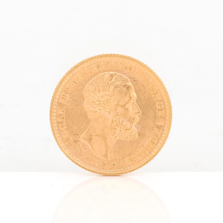 GULDMYNT, 10 kronor, Oscar II av Sverige och Norge 1894. Vikt ca 4,5 gram.