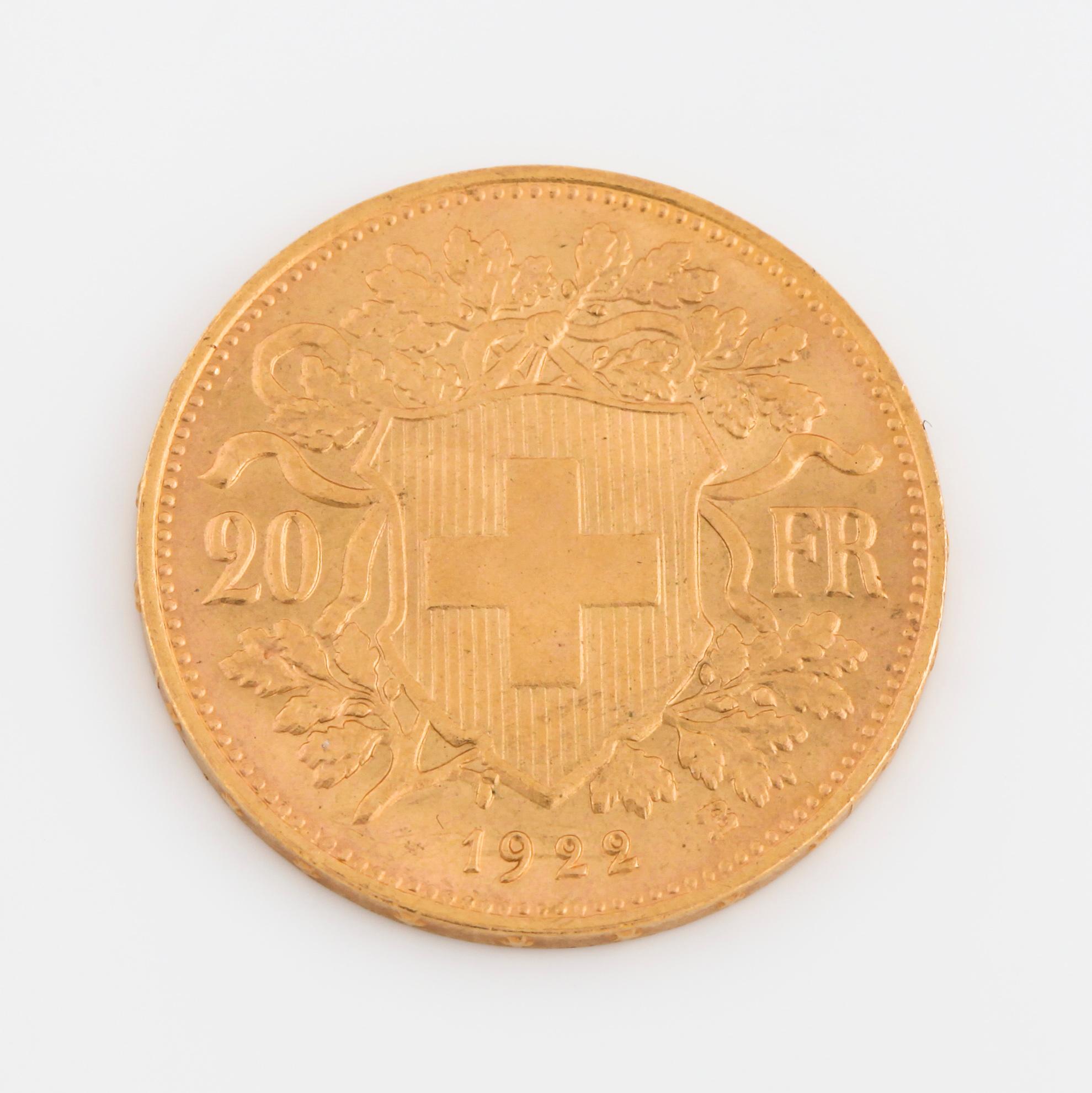 A 20 franc gold coin, Helvetia, 1922.