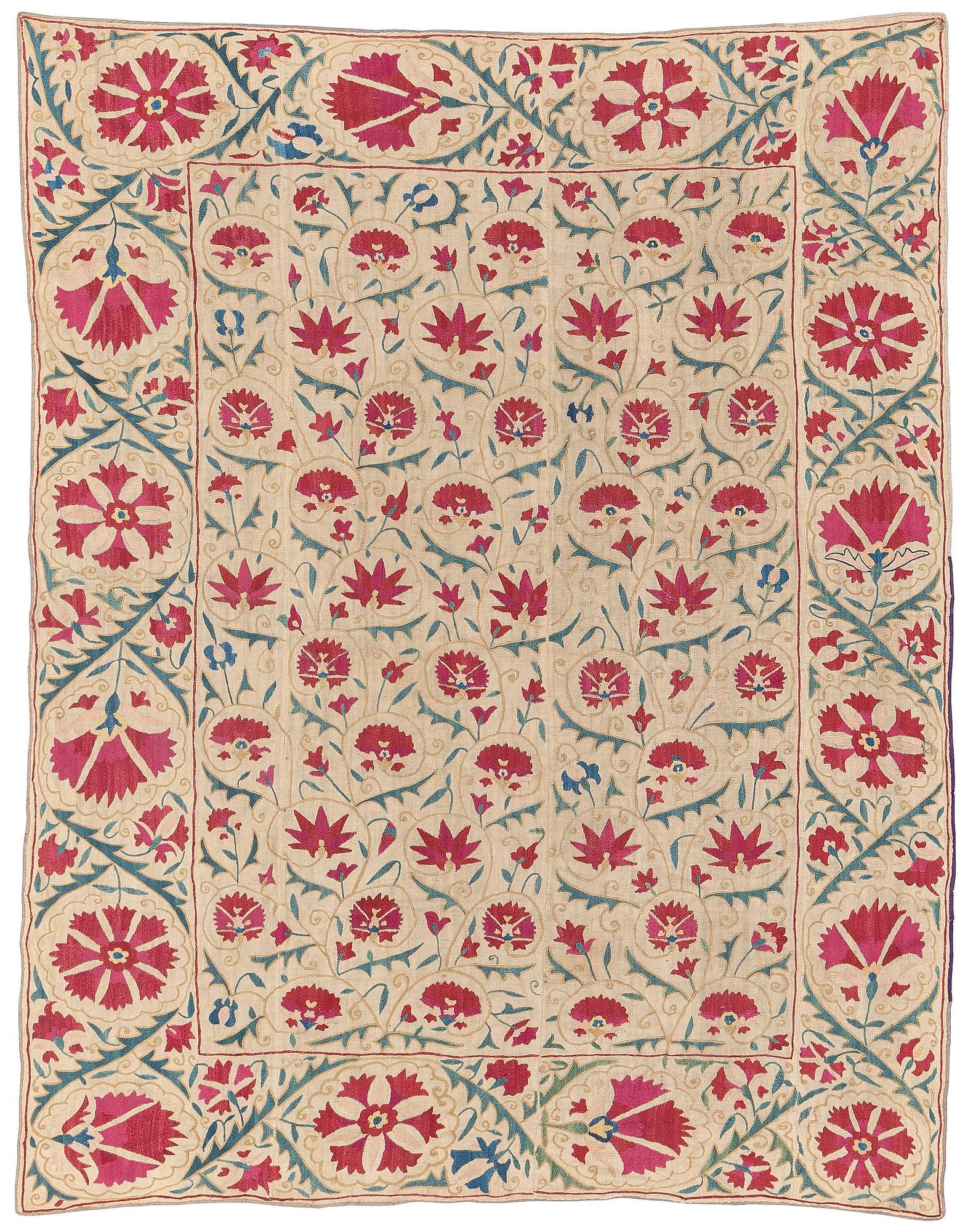 An antique Suzani embroidery, probably Nurata region, Uzbekistan, 19th century, c. 135 x 118 cm.