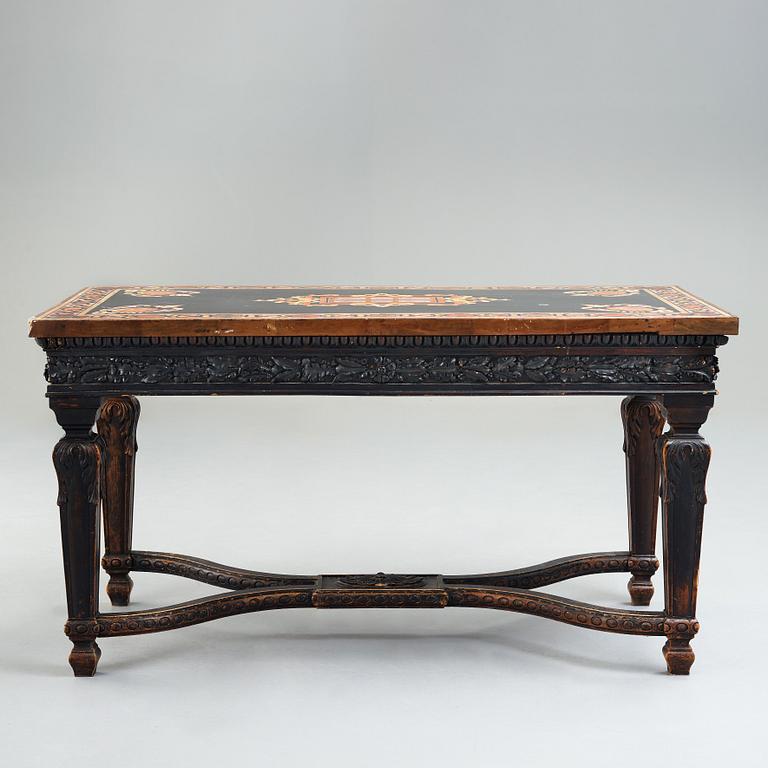 A pietre dure top, Italy, circa 1900, probably Rome or Naples. The stand in Louis XIV-style.