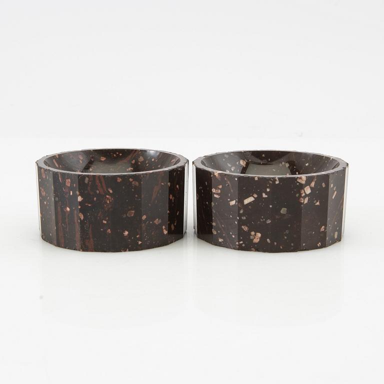 A pair of salt cellars, circa 1800, Rännås porphyry.