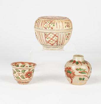 A jar with cover, a cup and a pot, for the South East Asian market, 14th/17th Century.