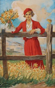 Jenny Nyström, 'Glad Påsk', Young girl with daffodils.