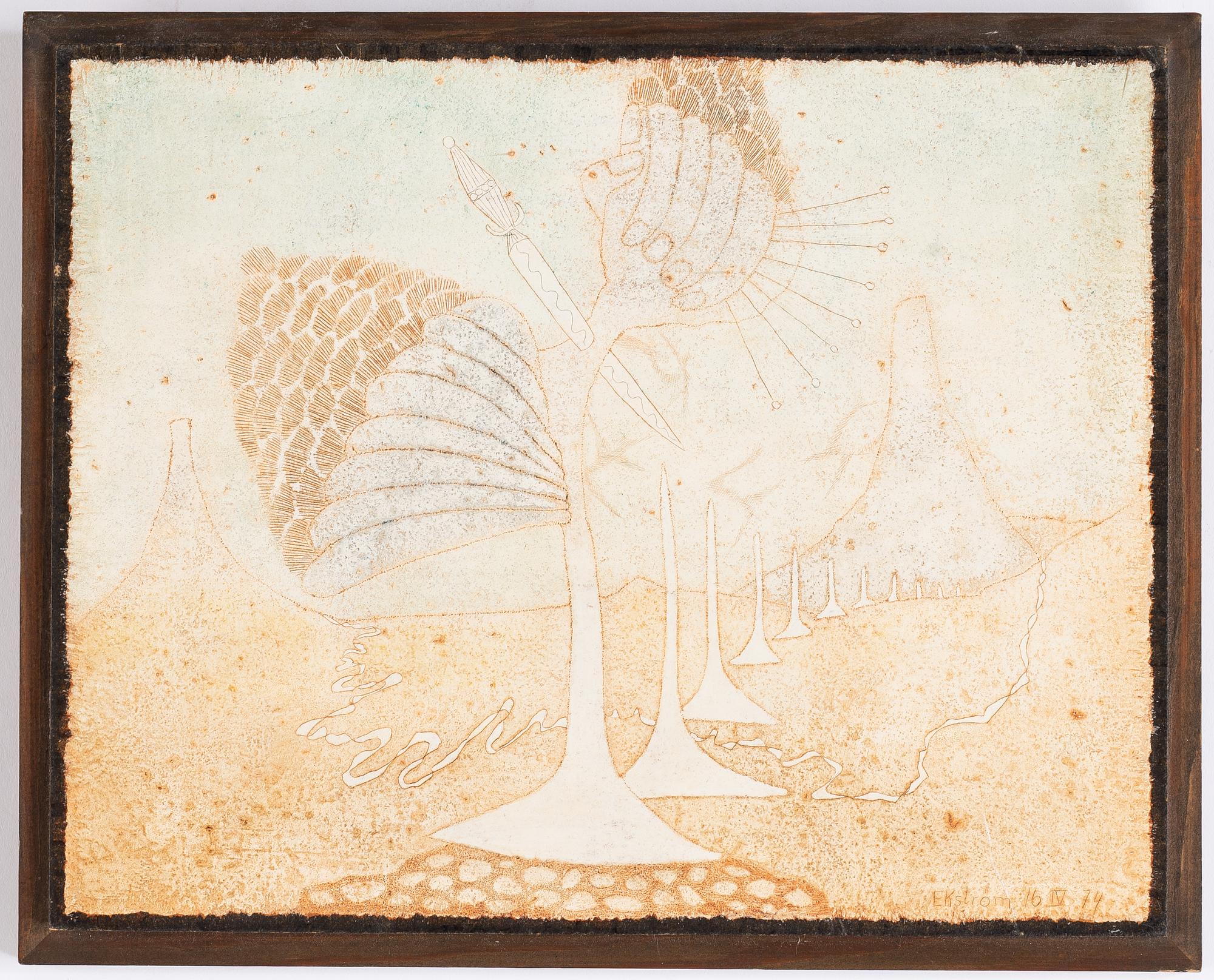 Thea Ekström, mixed media on panel, signed Ekström and dated 16 IV -74.