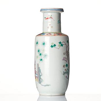 A famille rose roleau vase, late Qing dynasty.