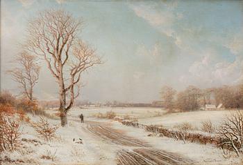 Frits Nordahl Grove, Winter landscape with a wandering figure.