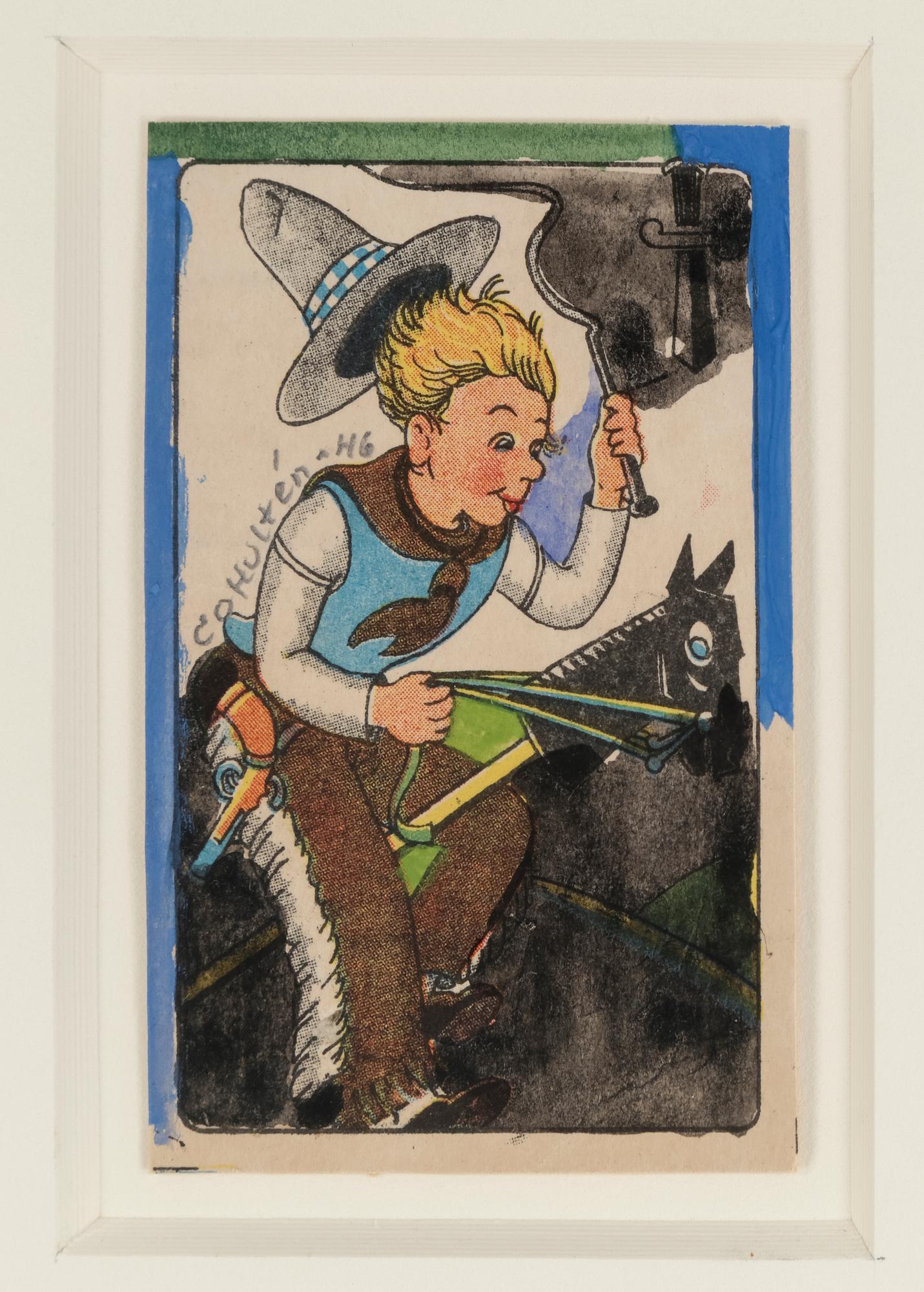 CARL OTTO HULTÉN, collage på spelkort. Signerad och daterad 1946.