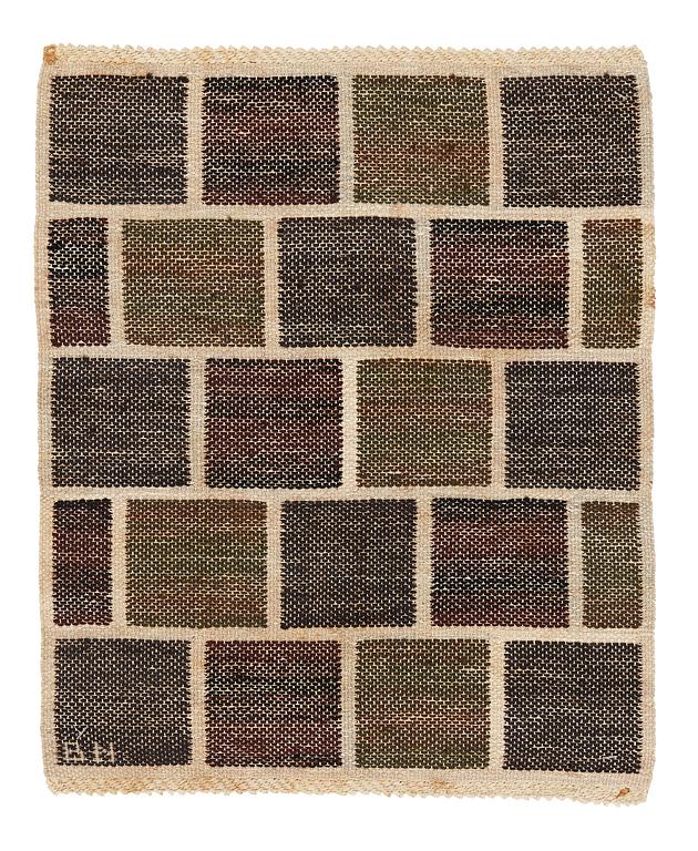 Barbro Nilsson, vävnad, "Kvadrater på linne, mörk", inplock på linnebotten, ca 48-49 x 39-40 cm, signerad BN.