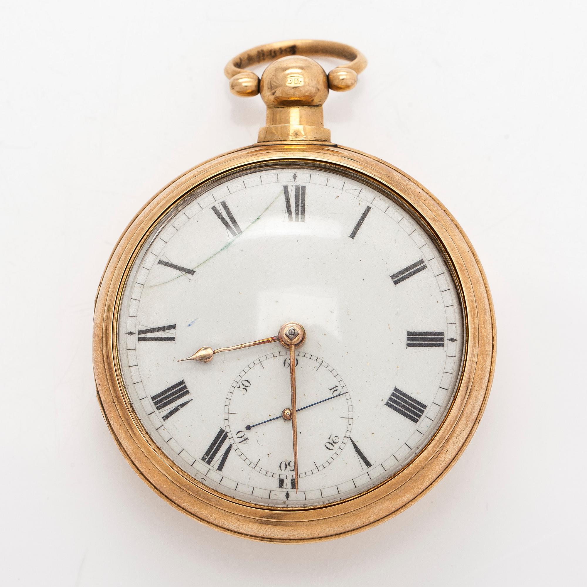 Taskukello, 52 mm, 18K kultaa, John Moncas, Liverpool, 1800-luvun ensimmäinen puolisko.