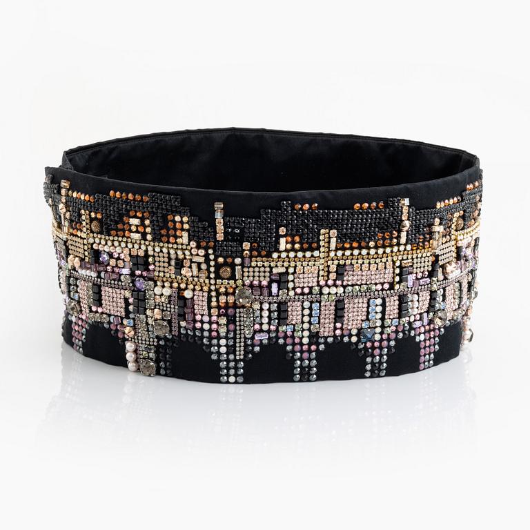 Chanel, a black silk and multicolour rhinestone belt, size 34.