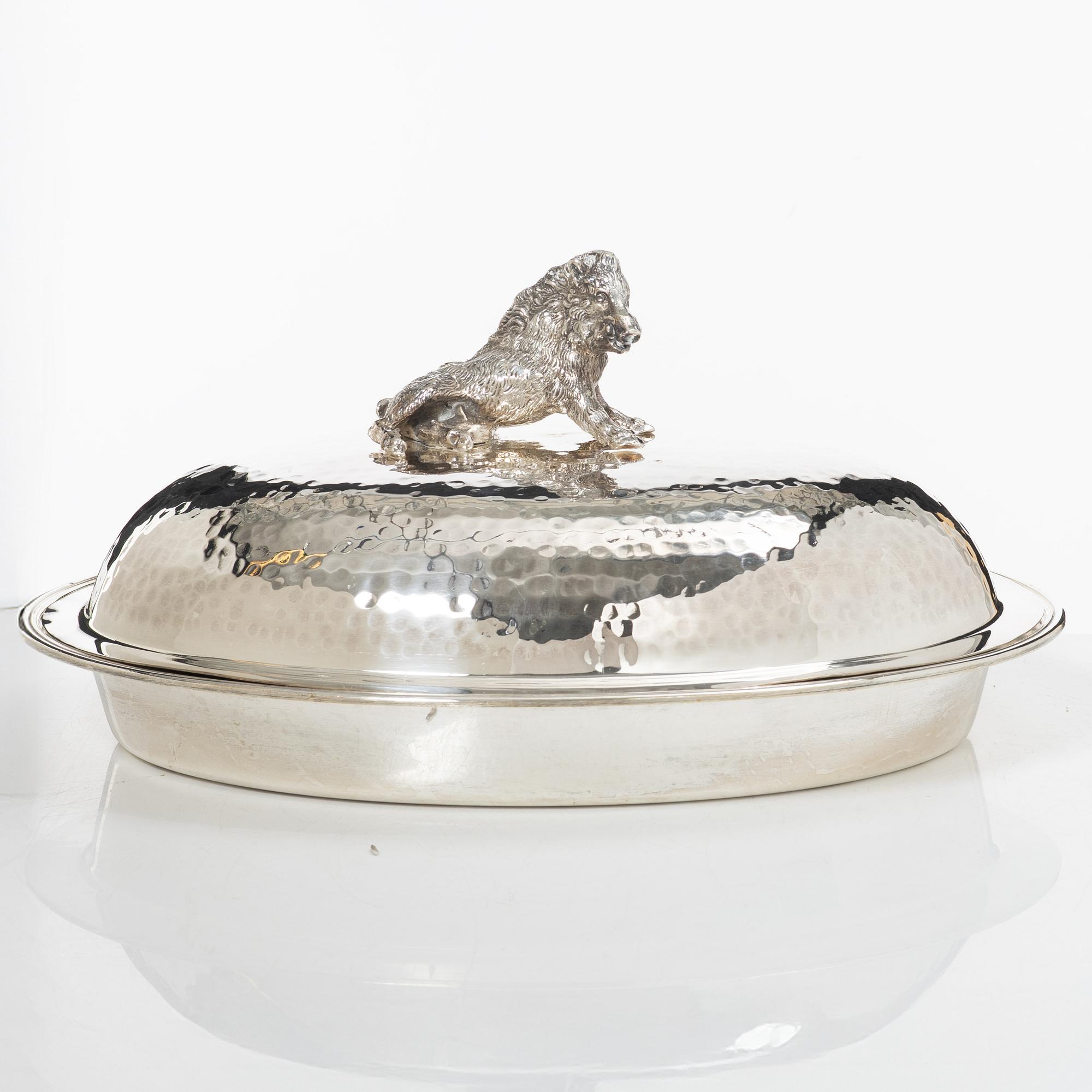 Covered bowl, silver plate, with glass insert, 20th century.