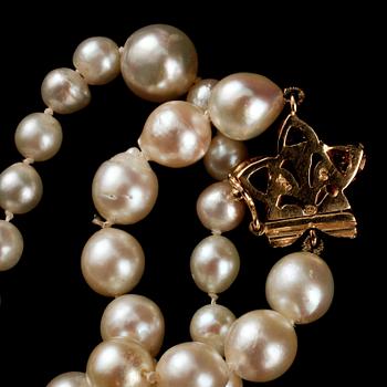 COLLIER, odlade pärlor, lås i 14k guld med 25 små briljantslipade diamanter samt fasettslipad blå safir.