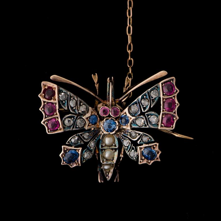 BROSCH, rosenslipade diamanter, fasettslipade safireroch rubiner, pärlor, 9K guld och silver.