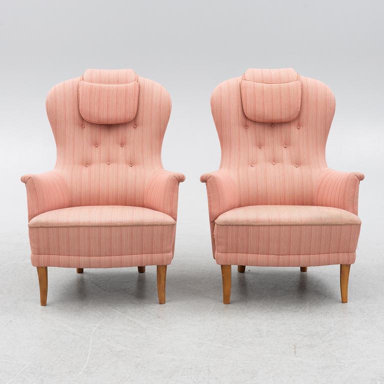 Carl Malmsten, fåtöljer, ett par, "Farmor", AB O.H: Sjögren, Tranås, 1985.