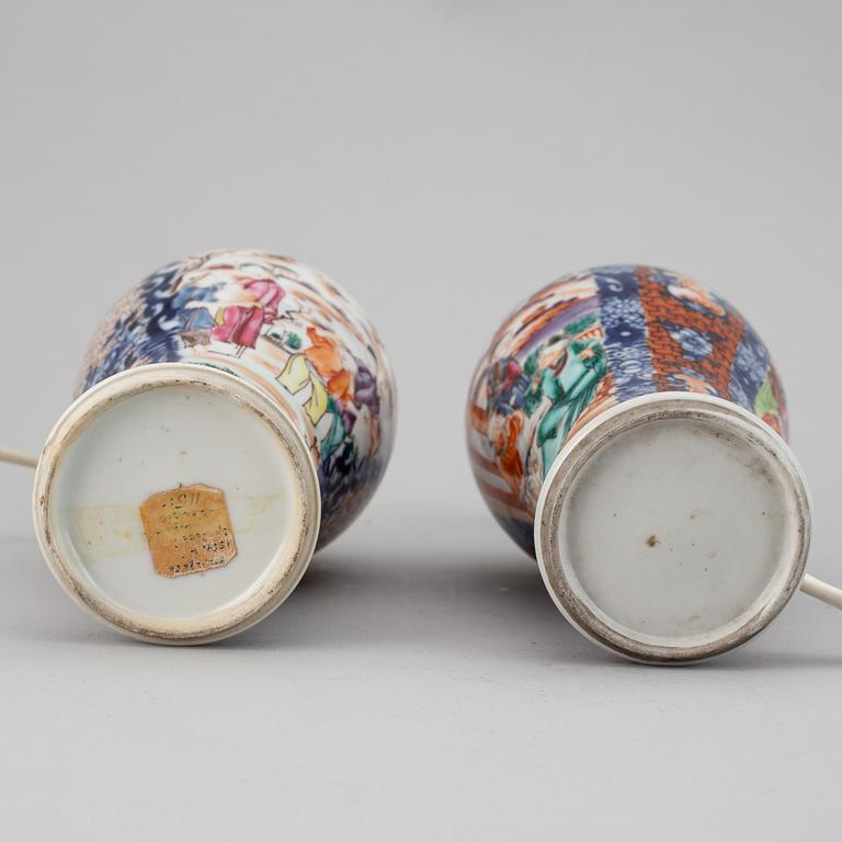 Two famille rose export porcelain vases, turned into table lamps, Qing dynasty, Qianlong (1736-95).