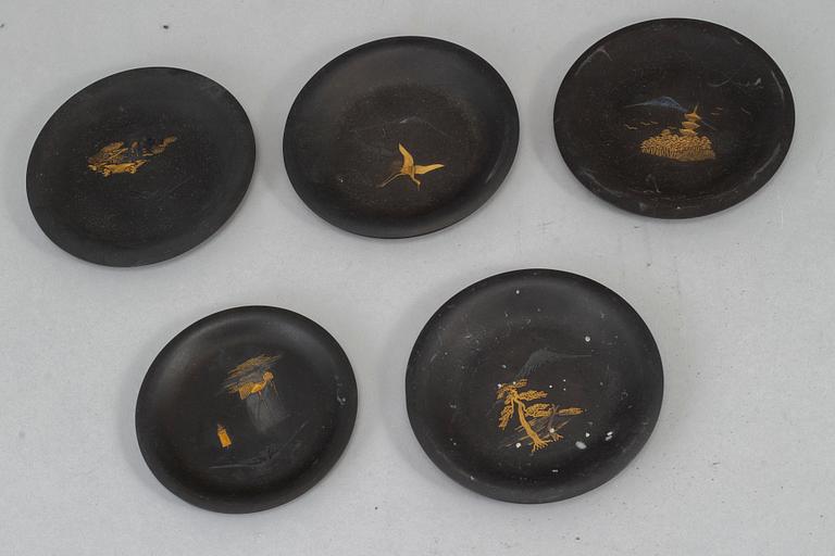 A set of five Japanese metal dishes and a pair of cuff links, 20th Century.