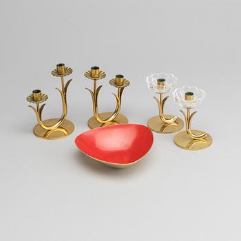 GUNNAR ANDER. Two pairs of candlesticks and a bowl, for Ystad metall. Signed.
