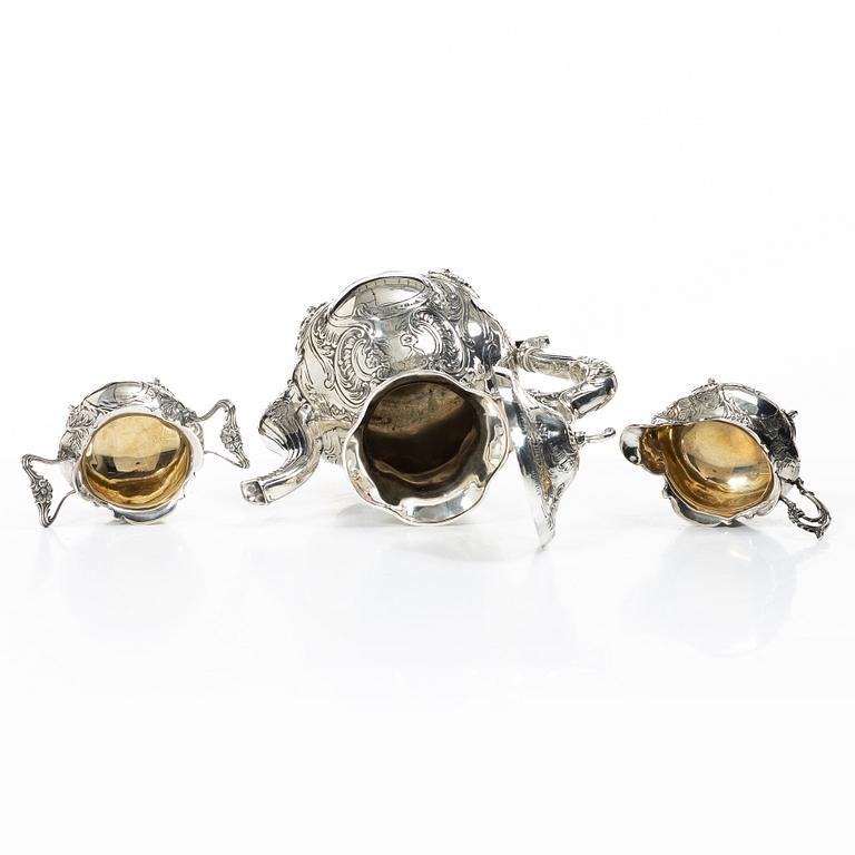 Coffee service, 3 pieces, silver, Rococo style, Gewe Silvervarufabriken Ab, Malmö 1976–78.
