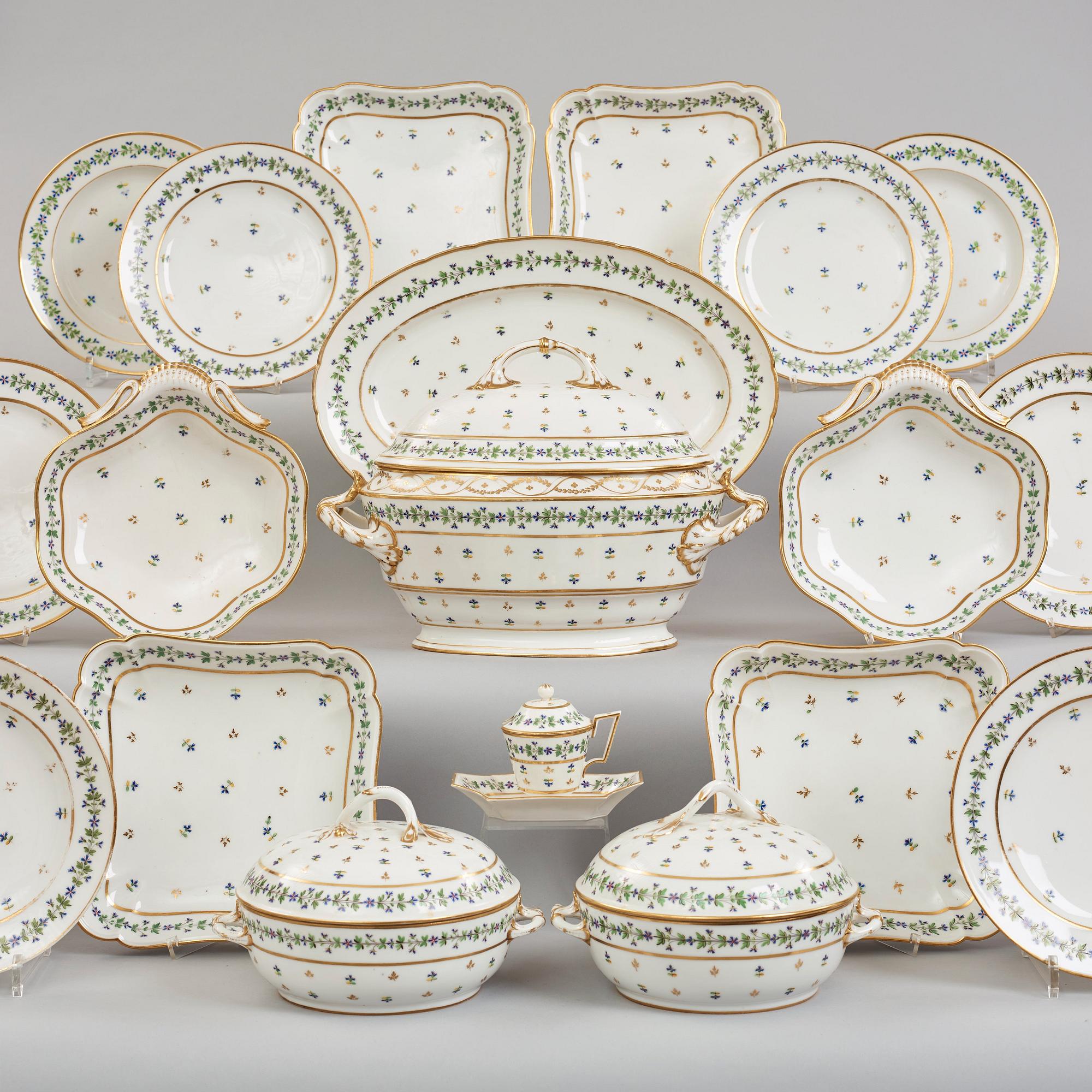 A French dinner service, circa 1800, some pieces marked M F Guerhard & Dahl.  (70 pieces).