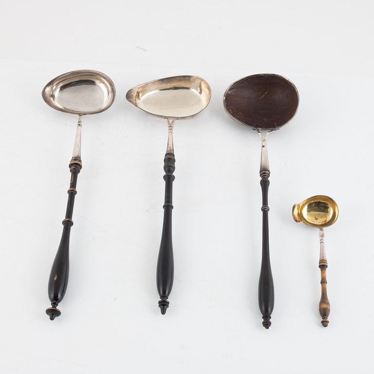 Three soup ladles and one gravy ladle, silver, Visby and Stockholm, Sweden, mid 19th century.